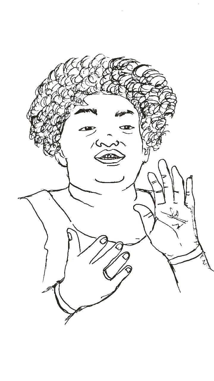 Pen sketch of a child singing, one hand raised and one to the chest