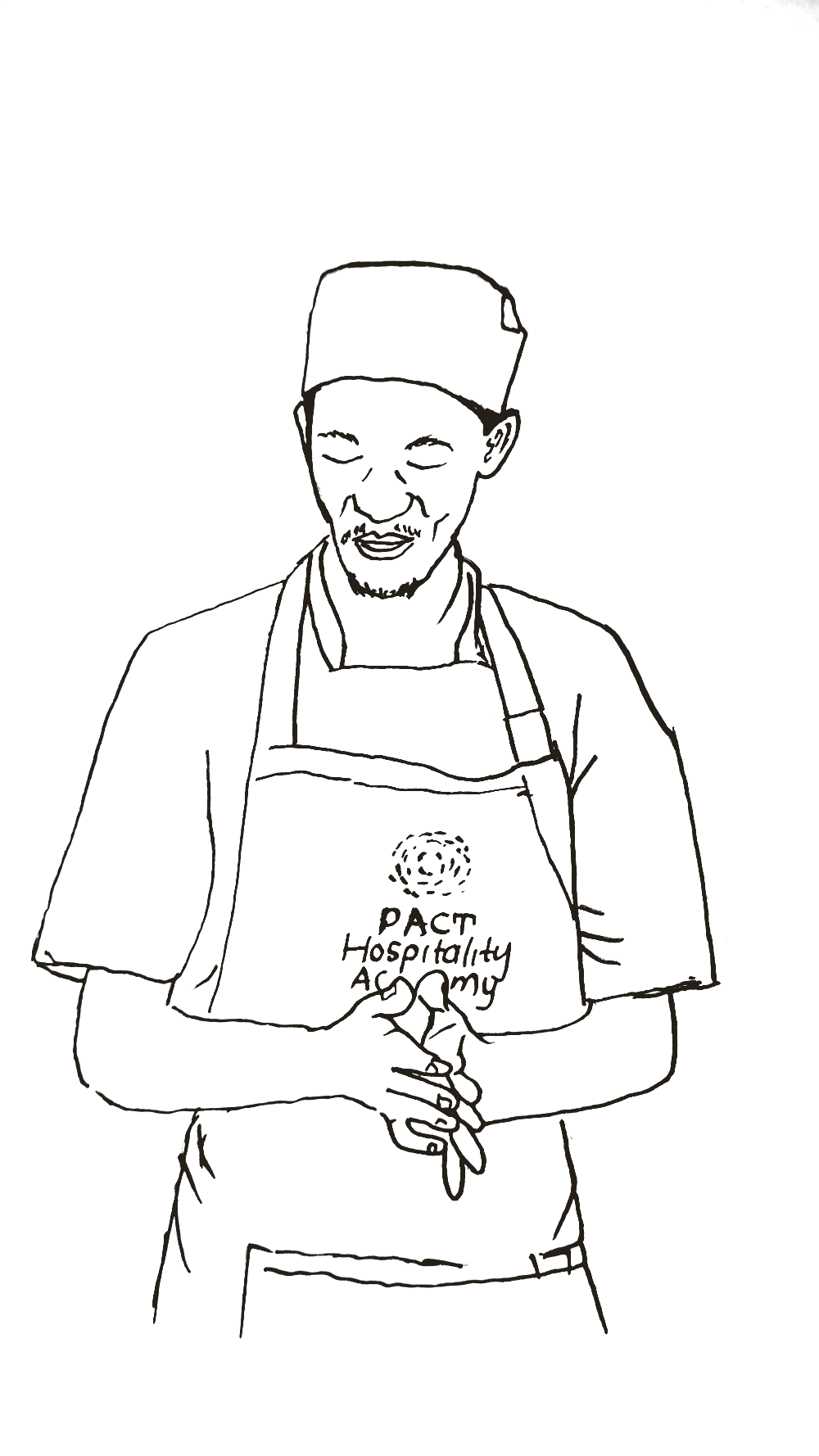 A PACT Hospitality Academy student in chef's hat and apron
