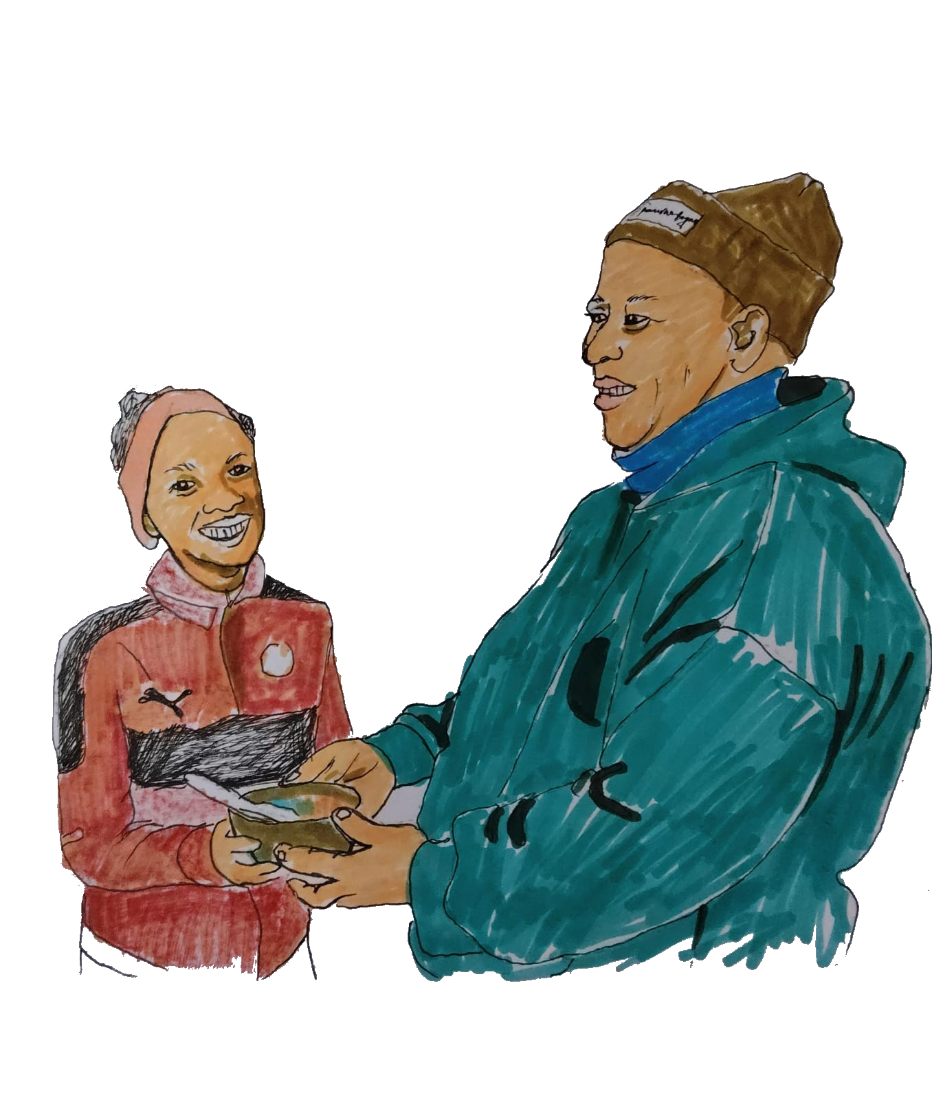 Aunt Landi handing a bowl of food to a child in the TuisKombuis, illustrated