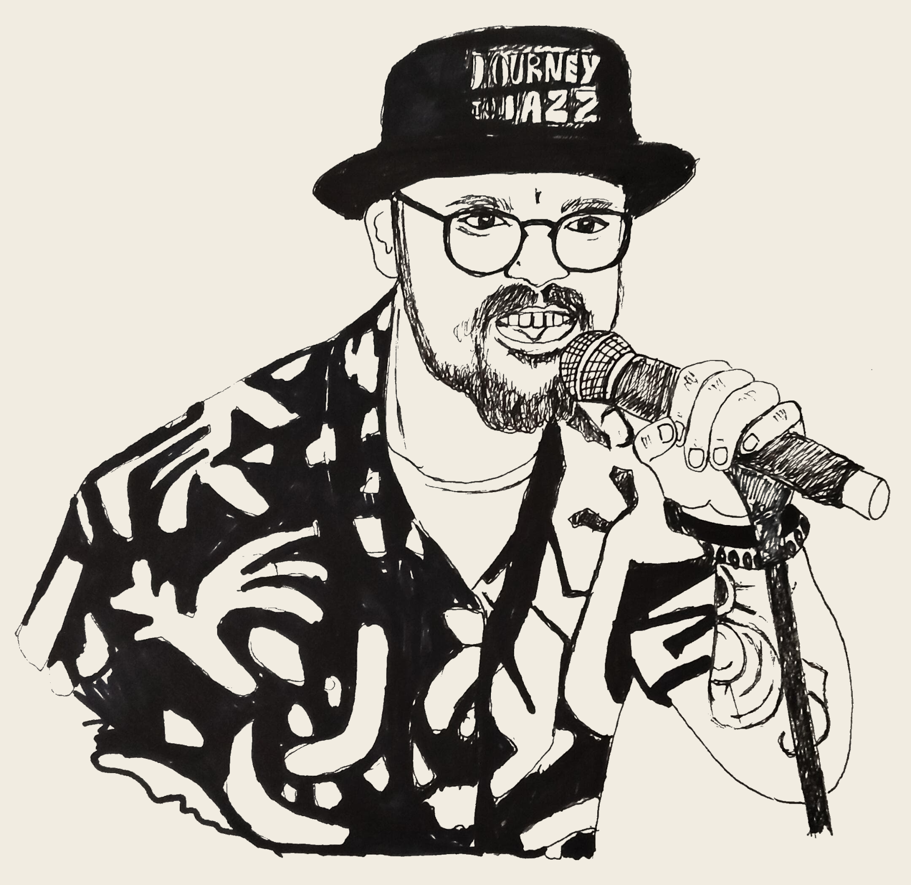 An ink illustration of a performer in a Journey to Jazz bucket hat singing into a microphone
