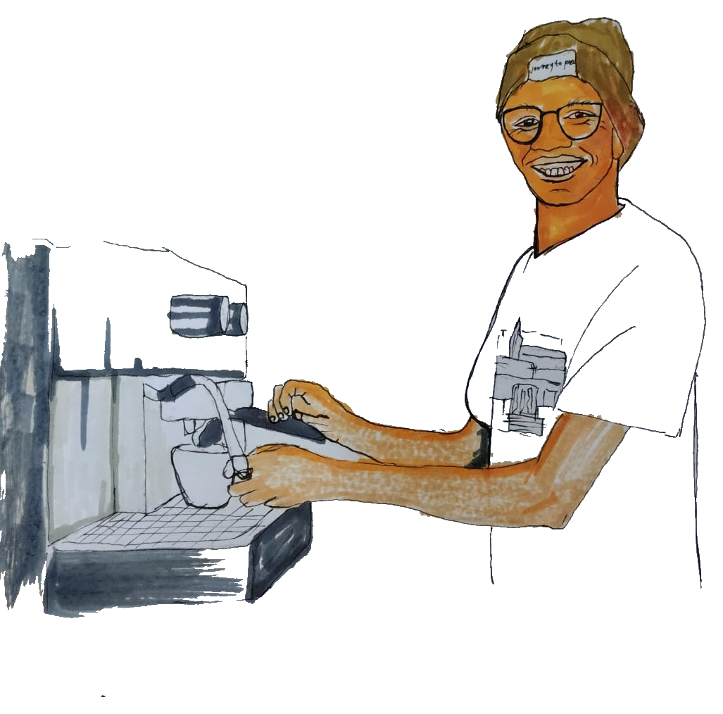 A Showroom barista pulling a coffee, illustrated