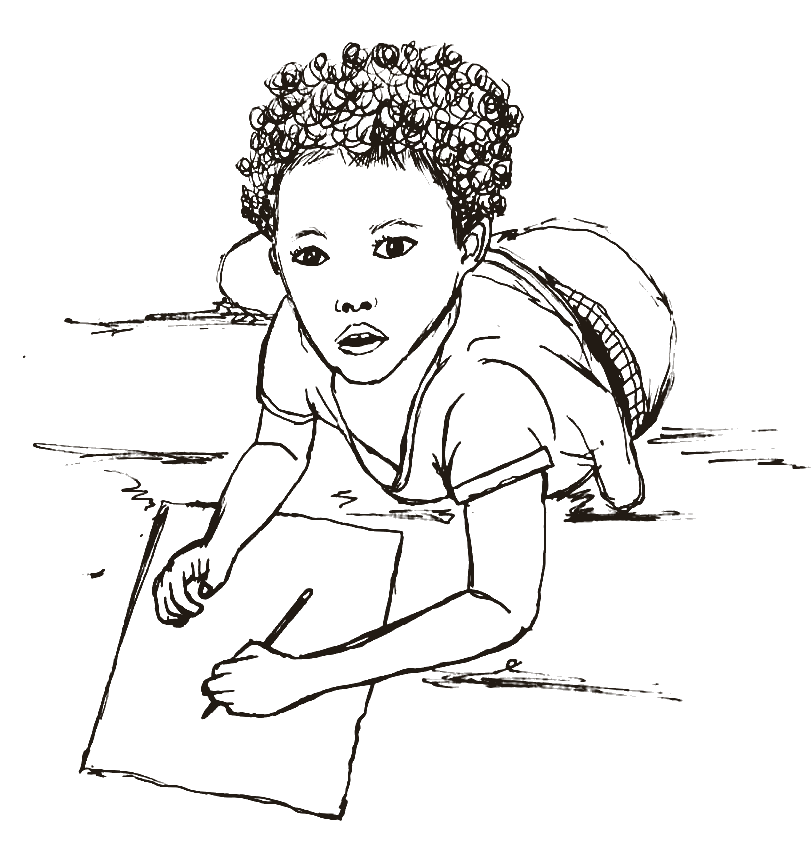 A child from Speel en Leer, lying down and drawing